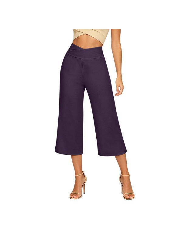 Wide Leg Gaucho Pants for Women Crossover High Waisted Capri Yoga Pant with Pockets Tummy Control Stretchy Gym Sweatpant Purple,S