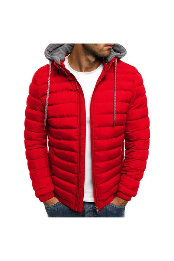 Winter Jackets for Men Lightweight Hooded Puffer Jacket Zip up Padded Coat Packable Down Jacket Quilted Insulated Jacket Red,XL