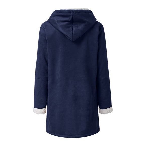 yardsong Winter Pea Coats for Women Plus Size Hoodies Fleece Jackets Soft Fuzzy Long Outwear Sherpa Jacket Horn Button Overcoat Navy,L