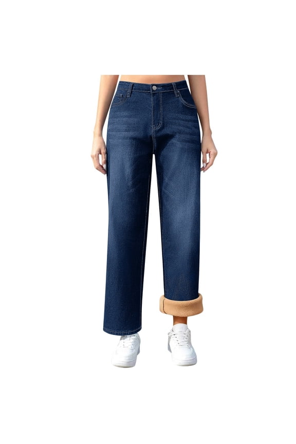 Winter Warm Fleece Lined Jeans for Women High Waisted Straight Leg Stretchy Sherpa Denim Pants with Pockets Navy,M