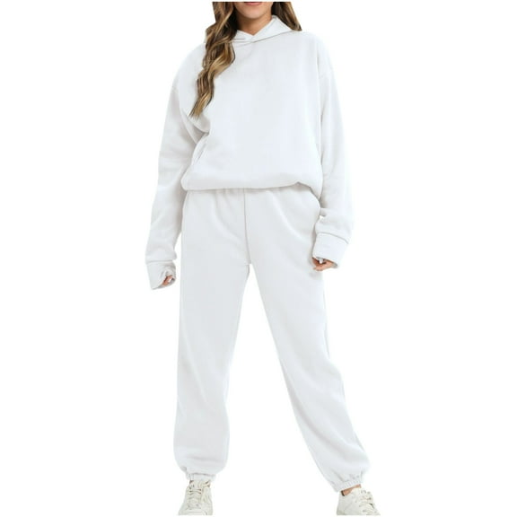 yardsong Women 2 Piece Jogger Set 2024 Fall Winter Long Sleeve Hoodie Sweatshirt Oversized Pullover Drawstring Sweatpants Tracksuit for Teen Girl White,S