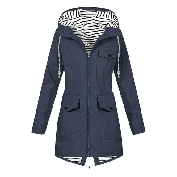 yardsong Women All-Season Rain Jacket Waterproof Hooded Lightweight Windbreaker with Striped Lining Multi Pocket for Outdoor & Travel Navy,M