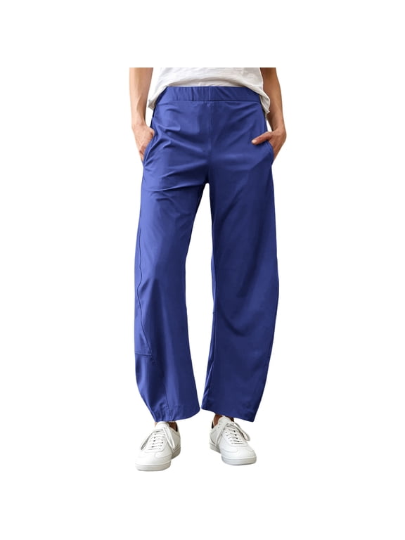 Women Barrel Travel Pants Quick Dry Elastic Waist Straight Leg Trouser Stretchy Business Work Ankle Pant with Side Pockets Dark Blue,XL