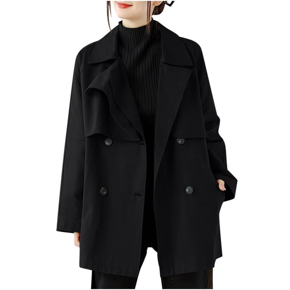 yardsong Women Double Breasted Trench Coat Windbreaker Lapel Long Sleeve Jacket with Belt Casual Fall Winter Loose Overcoat Black,L