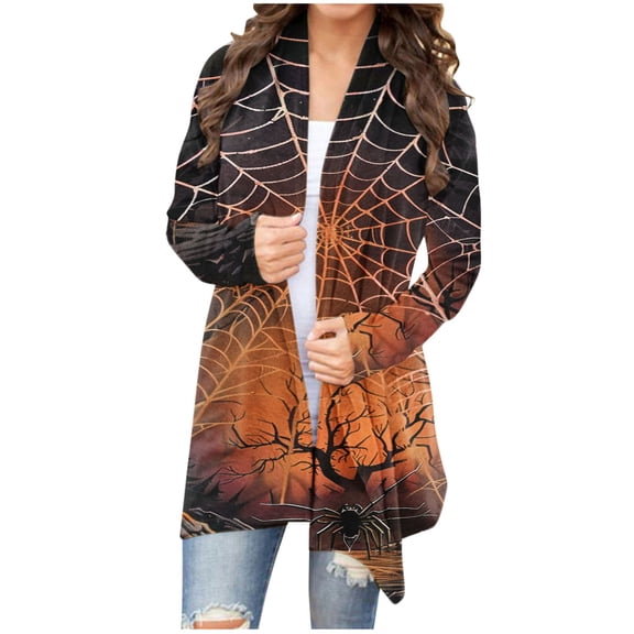 yardsong Women Halloween Cardigan Long Sleeve Open Front Spider Web Print Cardigans Fall Lightweight Min Length Shawl Collar Coat 2025 Orange,XL