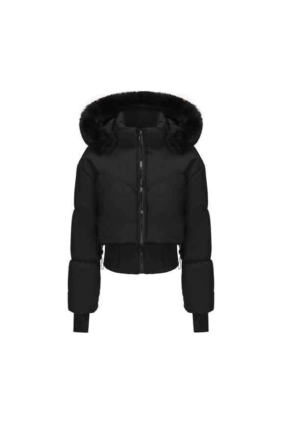 Women Hooded Quilted Puffer Jacket Cropped Padded Warm Winter Long Sleeve Heavyweight Coat Outerwear with Thumb Holes Black,S