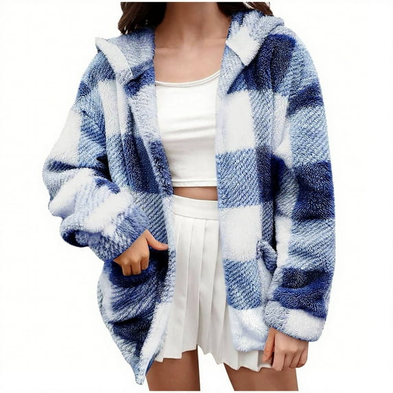 yardsong Women Plaid Sherpa Cardigan - Oversized Open Front Hooded Fuzzy with Pockets Fall Winter Blue,XXXXXL