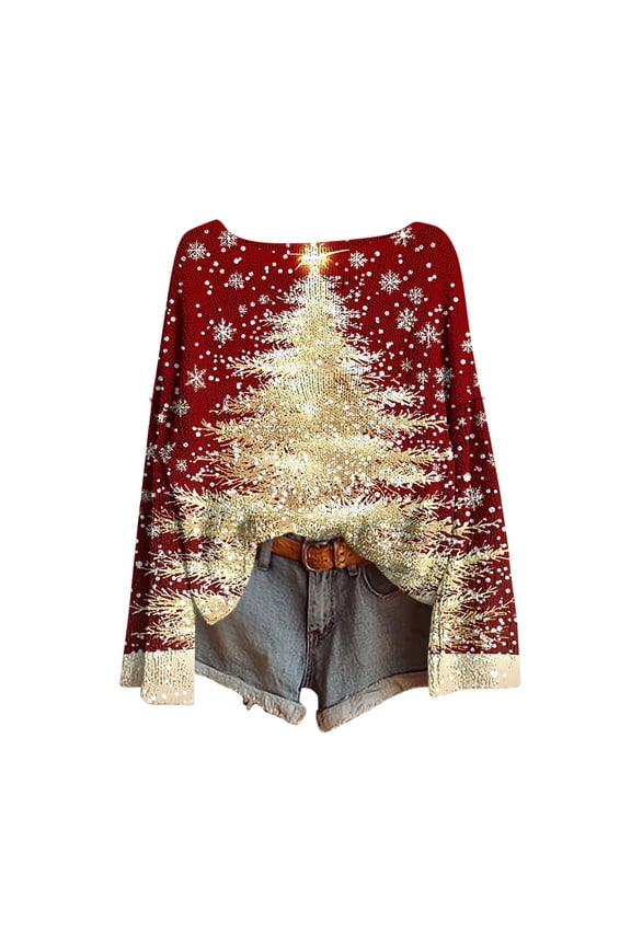 Women's 2025 Christmas Sweaters Boat Neck Long Sleeve Imitation Pullover Boho Xmas Holiday Sweatshirt Red,S