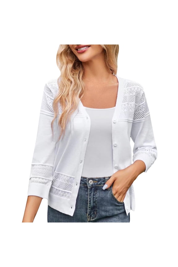 Women's 2025 Cropped Cardigan 3/4 Sleeve Lightweight Crochet Shrug for Women Hollowed-Out Patchwork Knit Sweater Crop Cardigans White,M