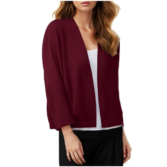 yardsong Women's 3/4 Sleeve Open Front Cropped Cardigan Early Fall Fashion Knit Sweater Jackets Elegant Shrugs Outerwear for Ladies 2025 Wine,XL
