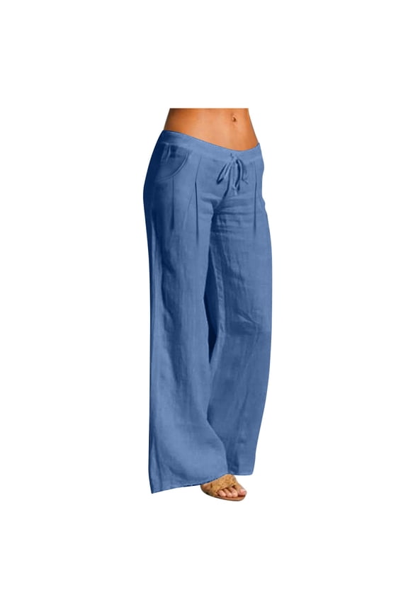 Women's Beach Vacation Linen Trousers Plus Size Drawstring Elastic High Waist Dressy Casual Palazzo Pants with Pockets Blue,XL