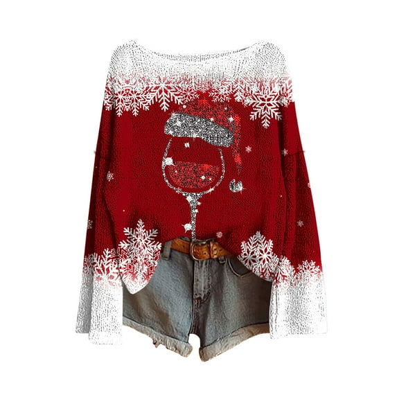 yardsong Women's Crewneck Ugly Christmas Sweaters Long Sleeve Cute Christmas Tree Knit Pullover Casual Oversized Tops Red,M