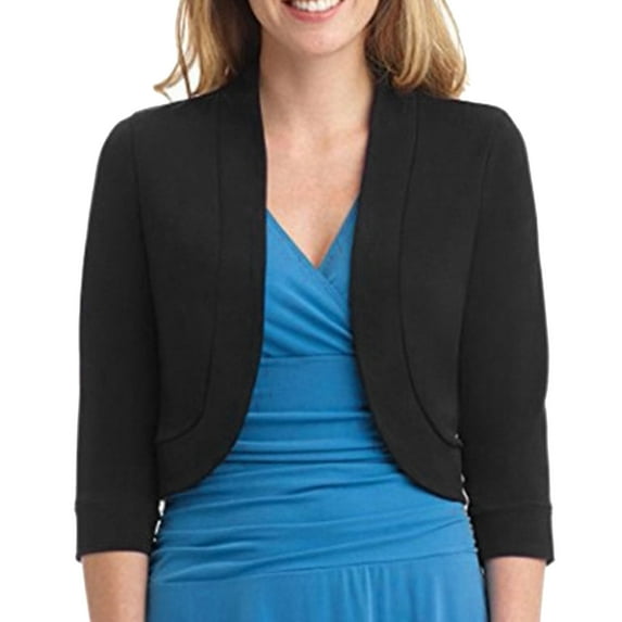 yardsong Women's Cropped Blazer Casual Business 3/4 Sleeve Collarless Open Front Cardigans Work Jacket Short Shrug for Dresses 2025 Black,S