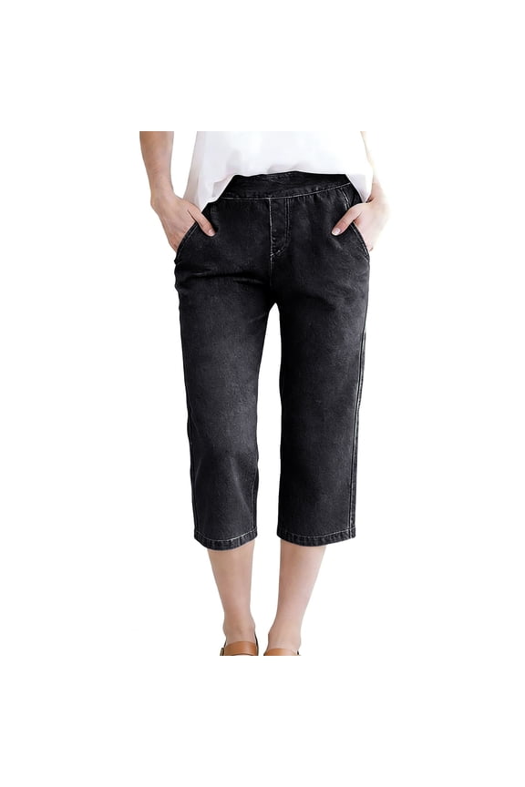 Women's Denim Capri Pants Elastic Waist Straight Leg Jeans Stretchy Summer Trendy Casual Cropped Trousers with Pockets Black,XL