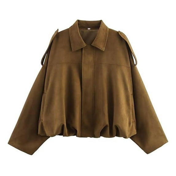 yardsong Women's Faux Suede Bomber Jacket Lapel Pilot Pocket Coat Moto Casual Oversized Long Dolman Sleeves Trendy Streetwear Brown,S