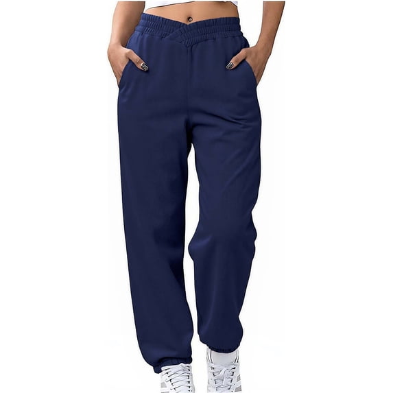 yardsong Women's Fleece Cinch Bottom Sweatpants V Crossover Waist Baggy Running Workout Joggers Navy,S