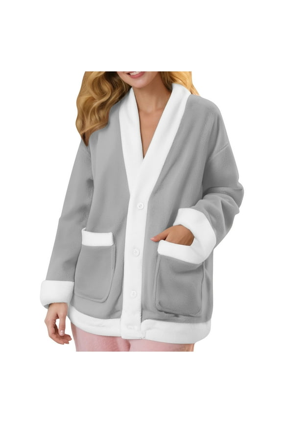Women's Fleece Jacket Flannel Shacket Sherpa Button Fuzzy Soft Warm Winter Lounge for Home Loungewear Sweaters Bed Coat 2025 Gray,L