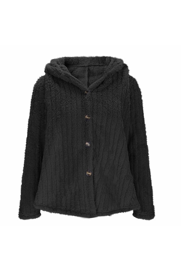 Women's Fuzzy Fleece Jacket Button Down Fluffy Soft Hooded Fall Winter Side Split Buttons Casual Sherpa Coats Black,M
