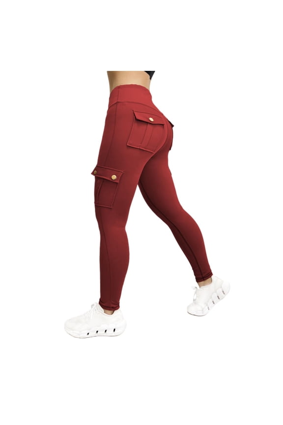 Women's High Waist Tummy Control Cargo Yoga Leggings Butt Lifting Gym Tights with Flap Pockets Wine,M