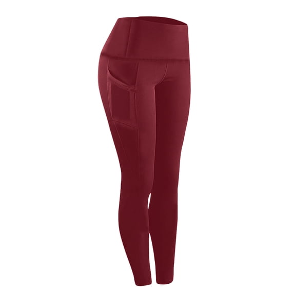 yardsong Women's High Waisted Compression Leggings Butt Lifting Tummy Control Workout Gym Stretchy Leggings with Pockets Wine,M