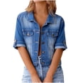 thumbnail image 1 of yardsong Women's Jean Jackets Basic Button Down Roll up Half Sleeve Stretchy Denim Jacket Casual Cropped Denim Outwear for Women Dark Blue,L, 1 of 7