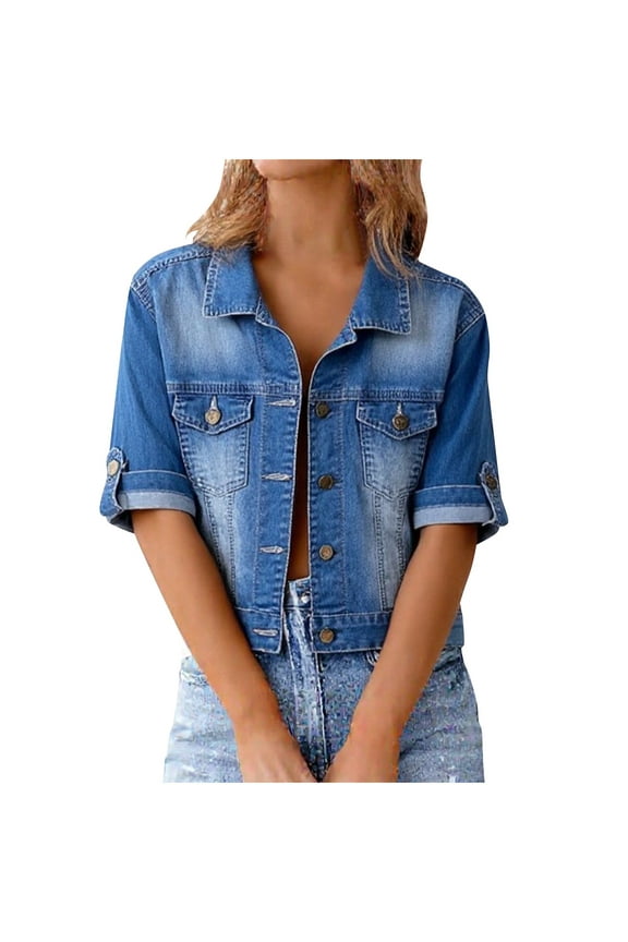 Women's Jean Jackets Basic Button Down Roll up Half Sleeve Stretchy Denim Jacket Casual Cropped Denim Outwear for Women Dark Blue,S