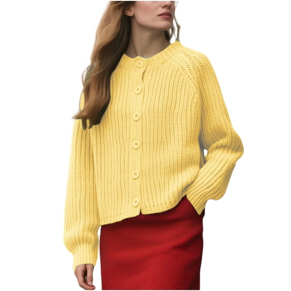 yardsong Women's Knit Cardigan Sweaters 2025 Fall Button Front Long Sleeve Cardigans Basic Solid Casual Loose Cropped Outwear Yellow,S