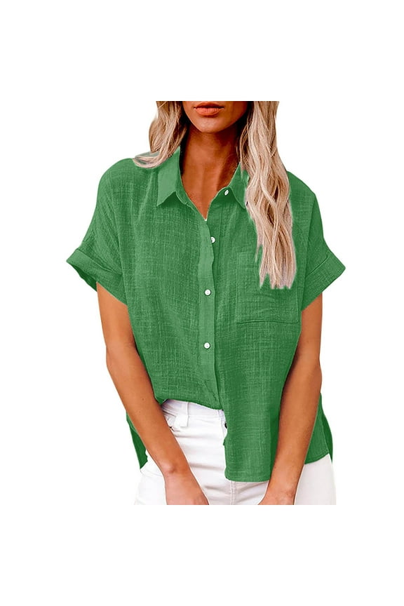 Women's Linen Gauze Shirts Plus Size Short Sleeve Button Down V-Neck Collared Casual Dressy Tops with Pocket Green,S