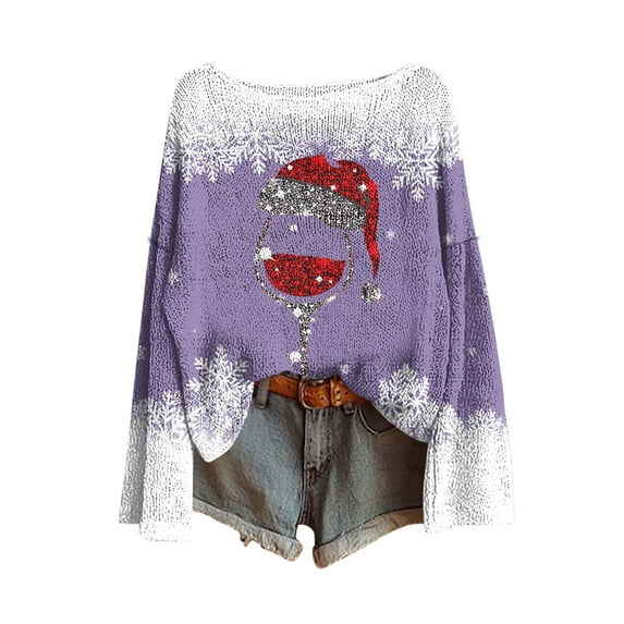 yardsong Women's Long Sleeve Ugly Christmas Sweaters Cute Christmas Tree Crewneck Knit Pullover Casual Oversized Tops Purple,M