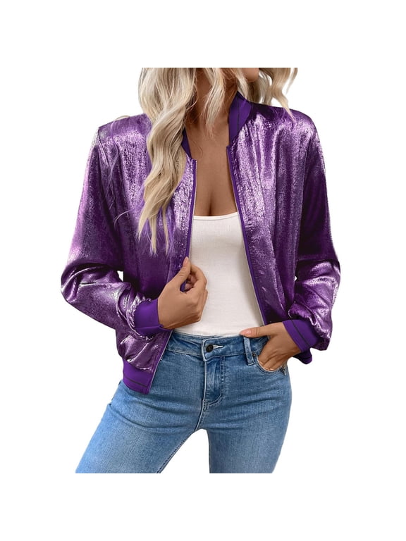 Women's Metallic Bomber Jacket Crop Zip Up Lightweight Long Sleeve Sequin Glitter Shiny Disco Party Fashion Outwear Purple,S