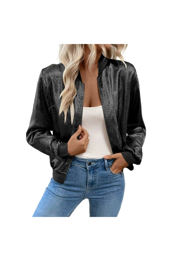 Women's Metallic Bomber Jacket Lightweight Zip Up Long Sleeve Disco Party Sequin Glitter Shiny Fashion Crop Outwear Black,XL