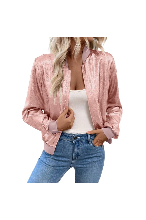 Women's Metallic Crop Bomber Jacket Zip Up Lightweight Long Sleeve Sequin Glitter Shiny Fashion Disco Party Outwear Pink,XXL