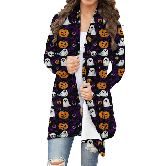 yardsong Women's Oversize Halloween Cardigan 2025 Long Sleeve Cute Pumpkin Ghost Print Coat Casual Shawl Collar Plus Size Tunic Top Multicolor,M