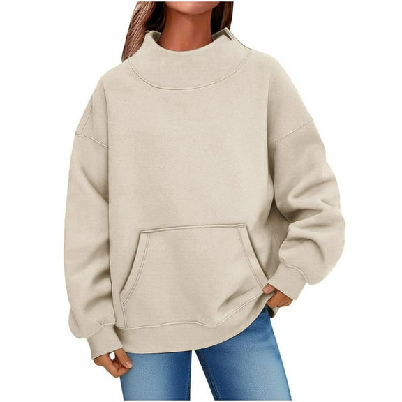 yardsong Women's Oversized Mockneck Cotton Fleece Sweatshirt - Plain Pocket Fall 2025 Beige,S