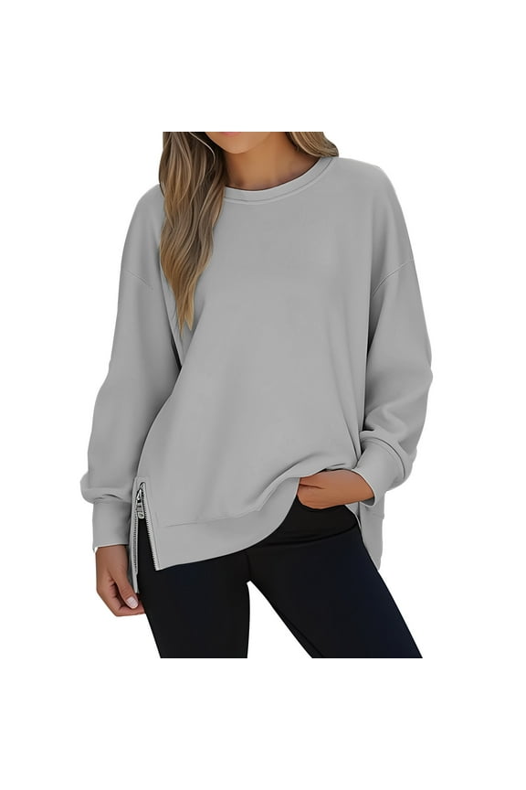 Women's Oversized Sweatshirts Side Zip Split Fleece Pullover Fall Long Sleeve Crewneck Sweatshirt Solid Color Jumper Tops 2025 Gray,L
