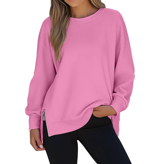 yardsong Women's Oversized Sweatshirts Side Zip Split Fleece Pullover Fall Long Sleeve Crewneck Sweatshirt Solid Color Jumper Tops 2025 Pink,M