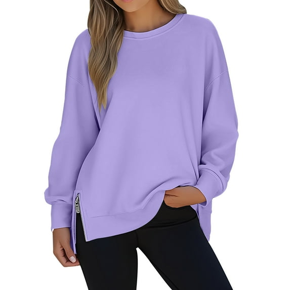 yardsong Women's Oversized Sweatshirts Side Zip Split Fleece Pullover Fall Long Sleeve Crewneck Sweatshirt Solid Color Jumper Tops 2025 Purple,XXL