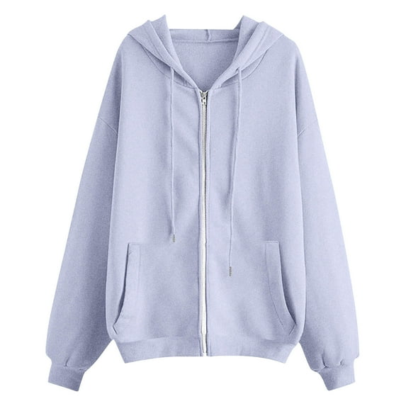 yardsong Women's Oversized Zip Up Hoodie Fleece Vintage Y2K Jacket Drawstring Long Sleeve Lightweight Casual with Pockets Light Blue,L