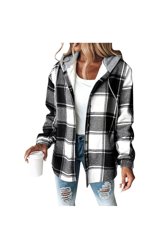 Women's Plaid Hooded Shirts Button Down Long Sleeve Flannel Shacket Jacket Fleece Lined Hoodie Casual Trendy Blouse Top 2025 Black,M