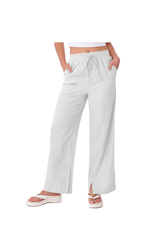 Women's Plus Size High Waisted Linen Pants Split Wide Leg Drawstring Summer Beach Casual Trousers with Pockets White,S