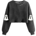 thumbnail image 1 of yardsong Women's Retor Ghost Skull Crop Sweatshirt Fall Halloween Lantern Long Sleeve Pullover Spooky Season Sweatshirt Gray,S, 1 of 2