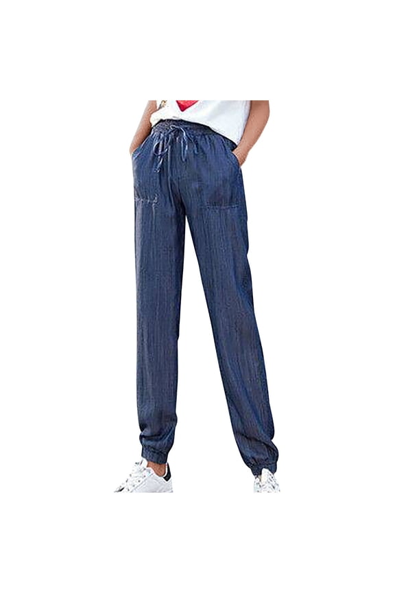 Women's Rib Cuff Jogger Jeans Elastic Waist Drawstring Bow Tie Lightweight Baggy Straight Denim Pants Casual Trousers Blue,XXL