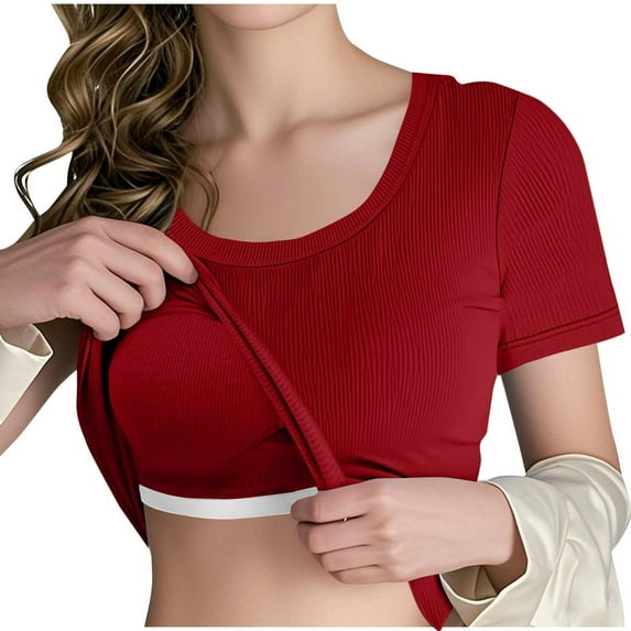 yardsong Women's Ribbed Knit Pajamas Tops Short Sleeve Crew Neck Built-in Bra Chest Pad Soft Comfy Lounge Tops Undewshirt Red,XL