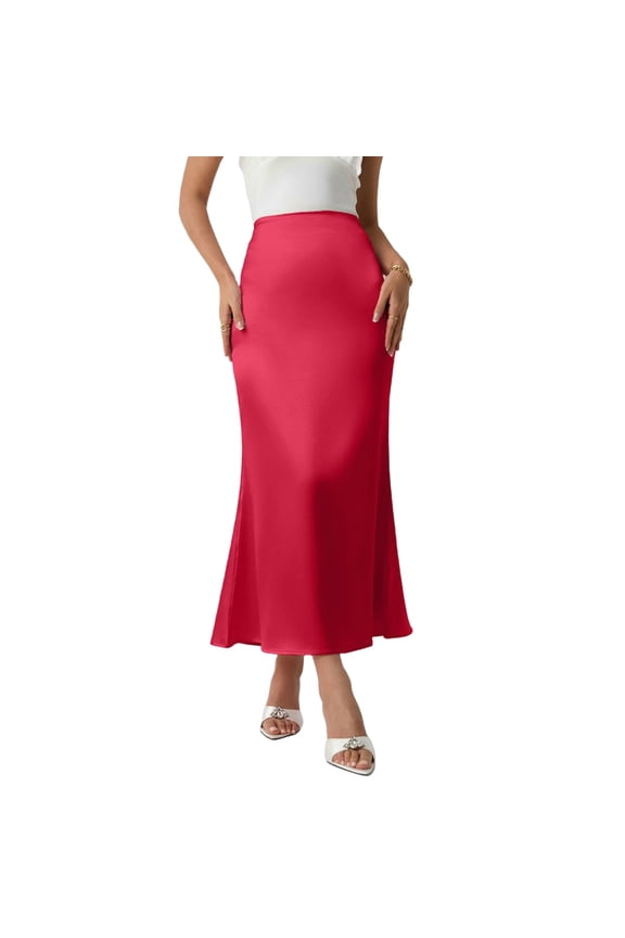 Women's Satin Maxi Skirt High Waisted A Line Trendy Bridesmaid Party Beach Vacation Skirt Red,XXL