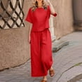 thumbnail image 1 of yardsong Women's Solid Color Two Piece Linen Set for Women Matching Sets Travel Lounge Sets Summer Vacation Outfits Round Neck Top Wide Leg Pants Suit 2024 Red,XXL, 1 of 6