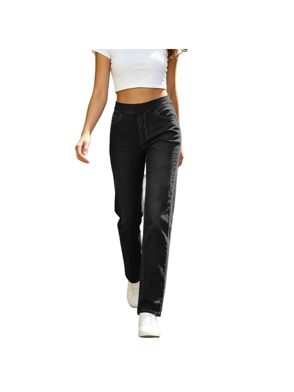 Women's Stretchy Denim Elastic Waist Jeans Pull On Straight Leg Denim Pants Slim Fit Summer Fitness Jean with Pockets 2026 Black,S