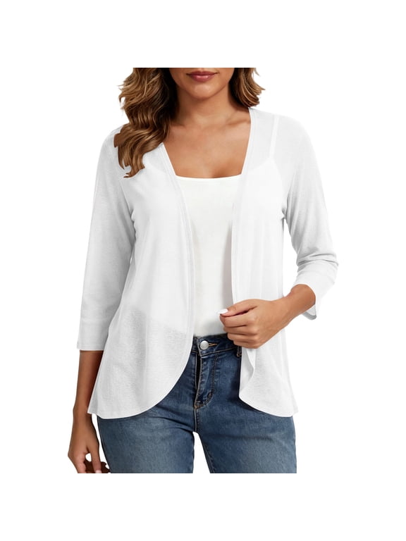 Women's Thin Cardigan Shrug Soft 3/4 Sleeve Summer Open Front Lightweight Plain Bolero Cardigan for Evening Dresses 2026 White,M