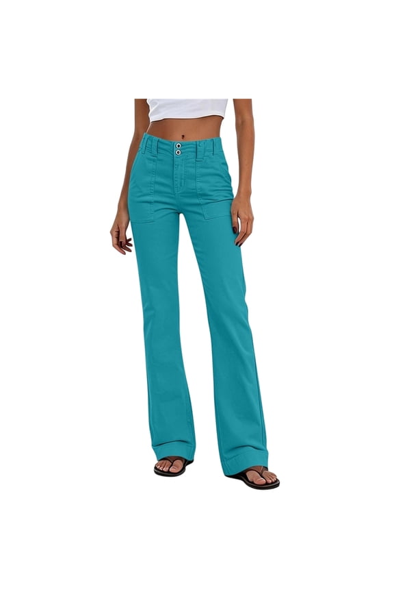 Women's Twill Pants High Waisted Straight Wide Leg Stretchy Pants Trendy Dressy Loose Pull On Chino Pants with Pockets Sky Blue,S