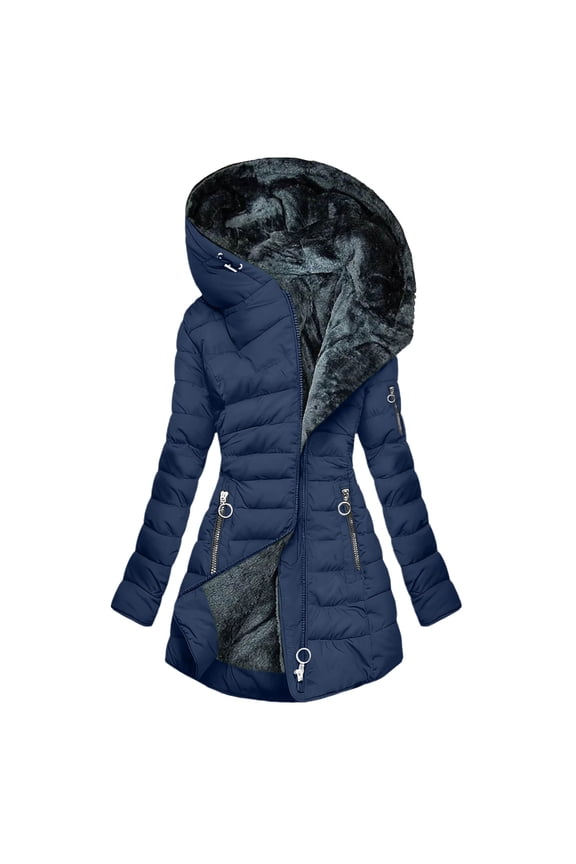 Women's Winter Coats Quilted Packable Long Warm Faux Fur Fleece Hooded Outerwear Puffer Coat Down Jacket Parka 2025 Navy,M