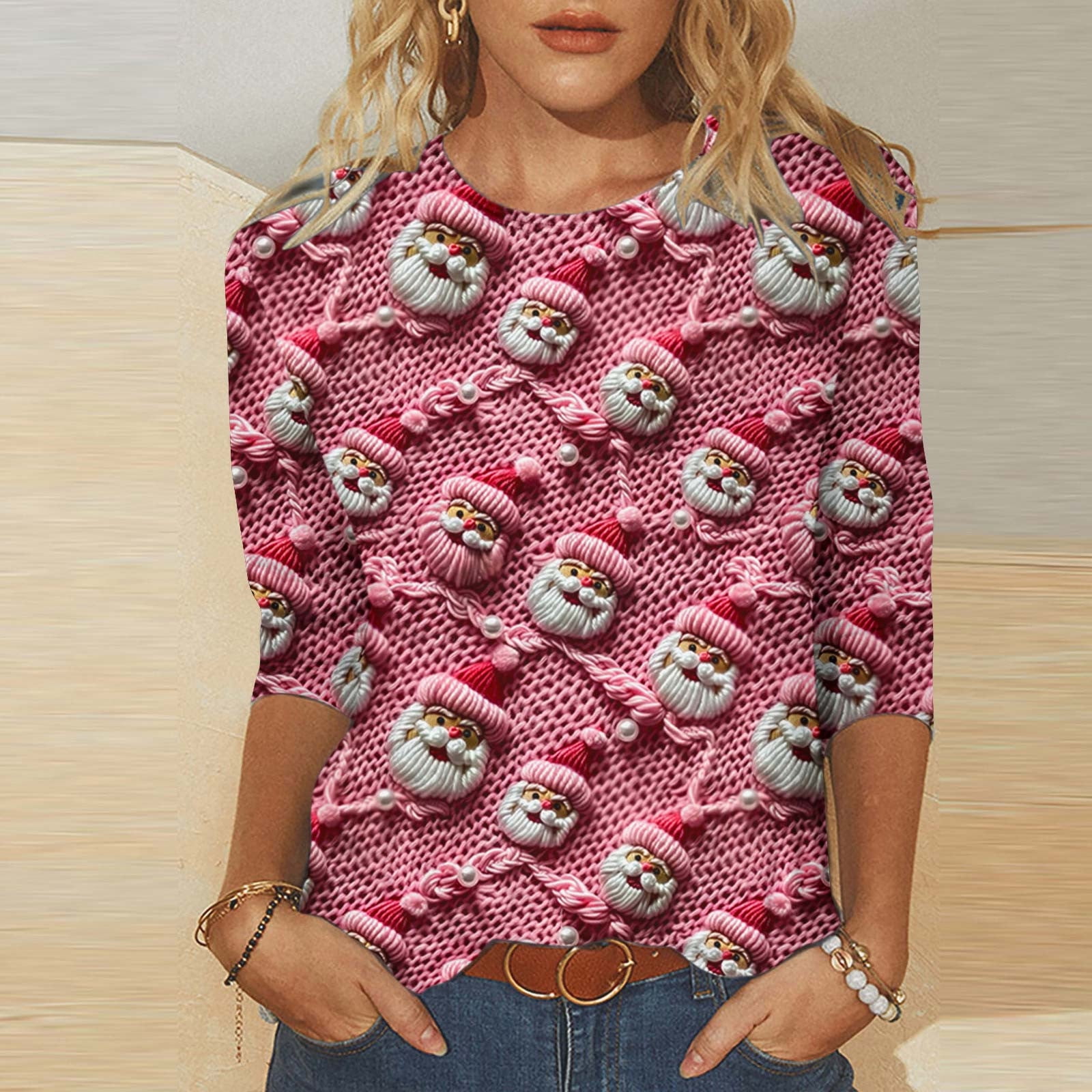 yardsong Womens 3/4 Sleeve Christmas TShirts Glitter Xmas Tree Print